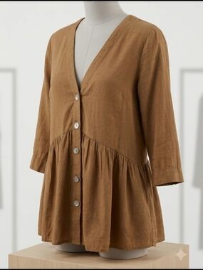 Last Chance Button-Front Peplum Blouse in Camel Brown (S) BabyDoll Tunic Fall